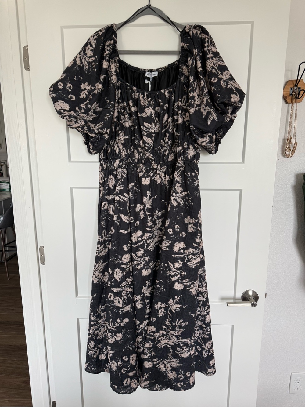 Polagram Black Midi Dress with Cream Floral Print
